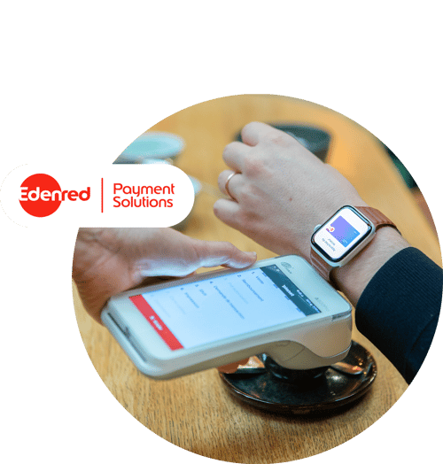 a circular image that shows a person holding a payment machine up to another person's wrist. On their wrist, is a digital watch with a digital payment card on it. The logo 'Edenred Payment Solutions' appears over the circular image in the top left corner.