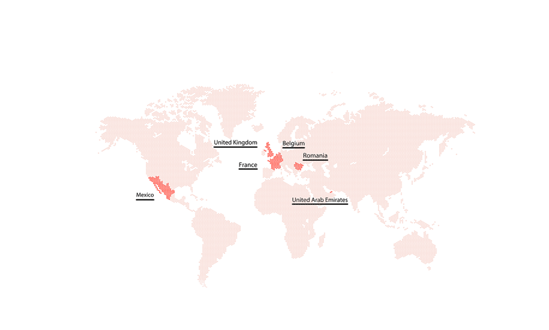 A map detailing PayTech's presence globally which includes areas on it shown in bright right; these include the United Kingdom, France, Mexico, Belgium, Romania, and The United Arab Emirates